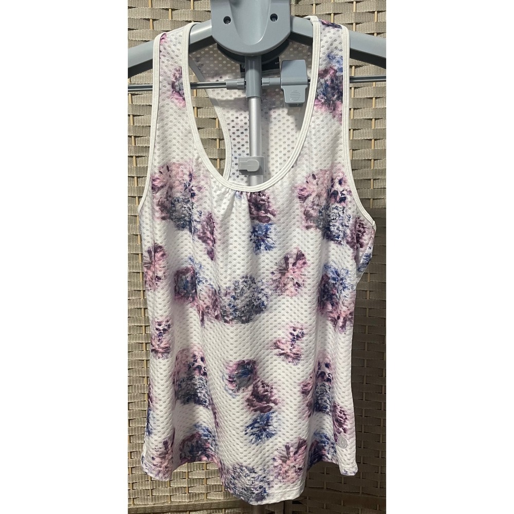 Lija Womens Floral Mesh Racerback Tank Top White Purple Blue Activewear Small